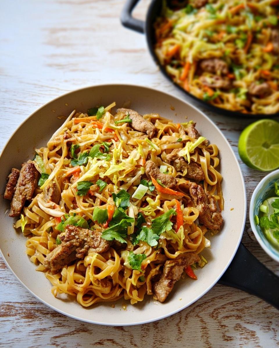 A close-up of a delicious beef and noodle stir-fry with cabbage, carrots, and cilantro, part of easy dinner recipes.