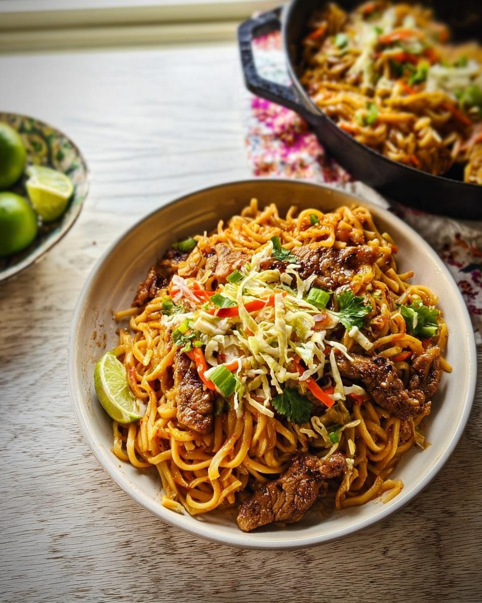 A bowl of delicious beef and noodles, a perfect example of easy dinner recipes, garnished with fresh vegetables and lime.