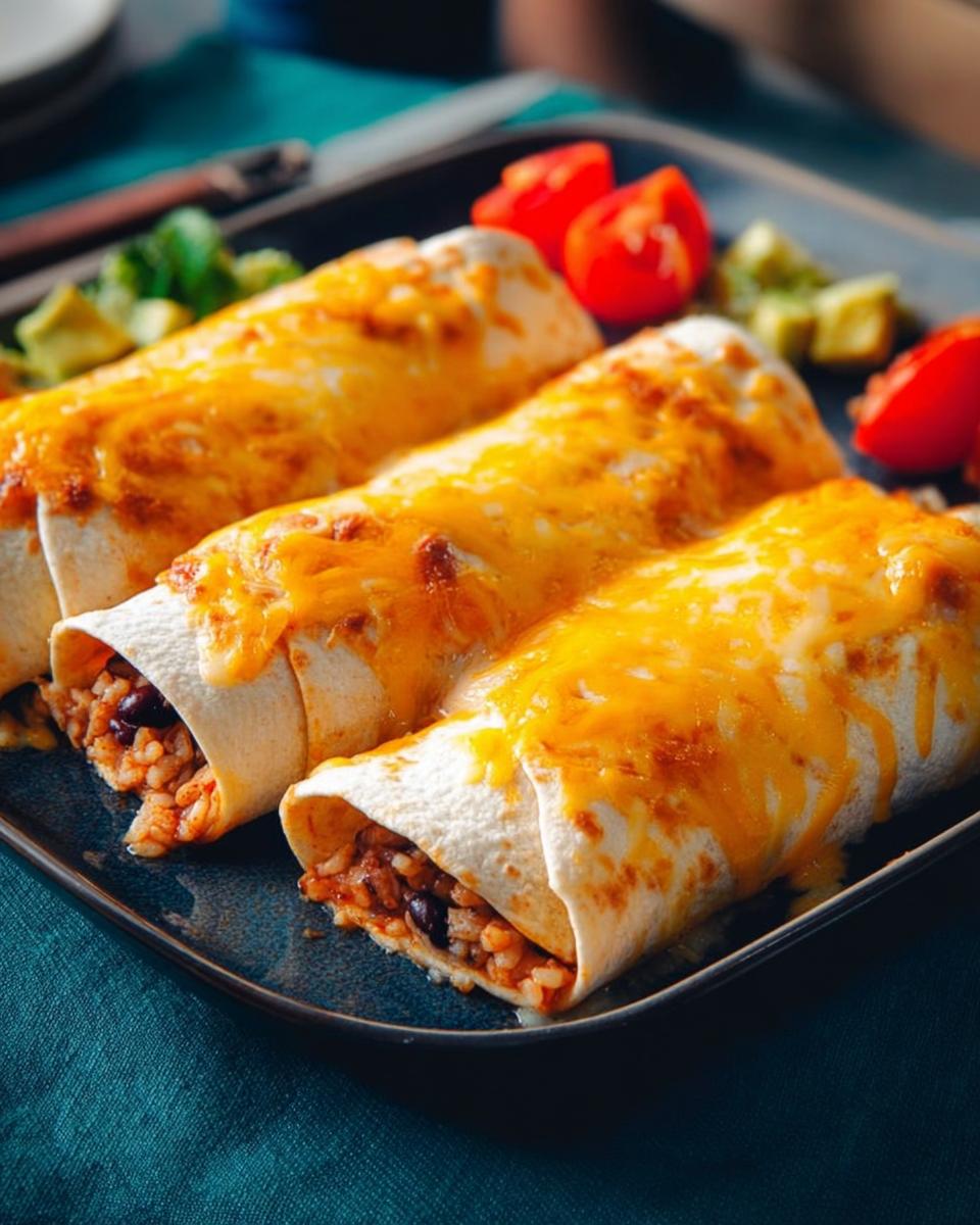 Three cheesy bean and rice burritos served with chopped tomatoes and avocado, a perfect example of easy dinner recipes.