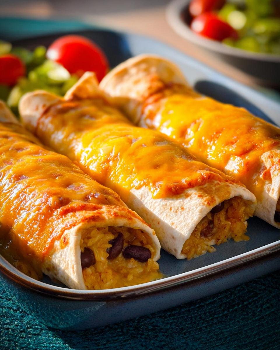 Close-up of three cheesy bean and rice burritos, a perfect example of easy dinner recipes, served with a side salad.