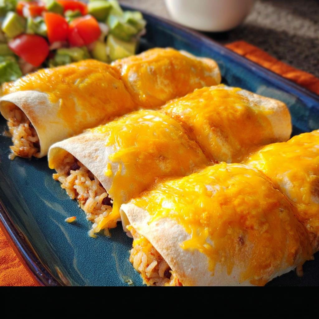 Close-up of cheesy rice-filled burritos, a delicious and easy dinner recipe, served with a side of fresh salad.