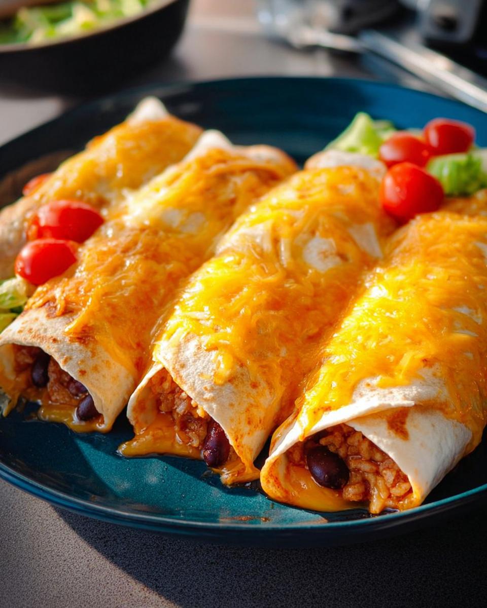 A close-up of four cheesy enchiladas filled with beans and rice, served with a side salad and cherry tomatoes.