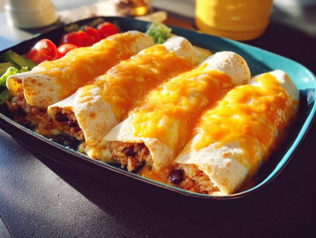 A platter of cheesy enchiladas filled with rice and beans, served with cherry tomatoes and avocado. Perfect for easy dinner recipes.