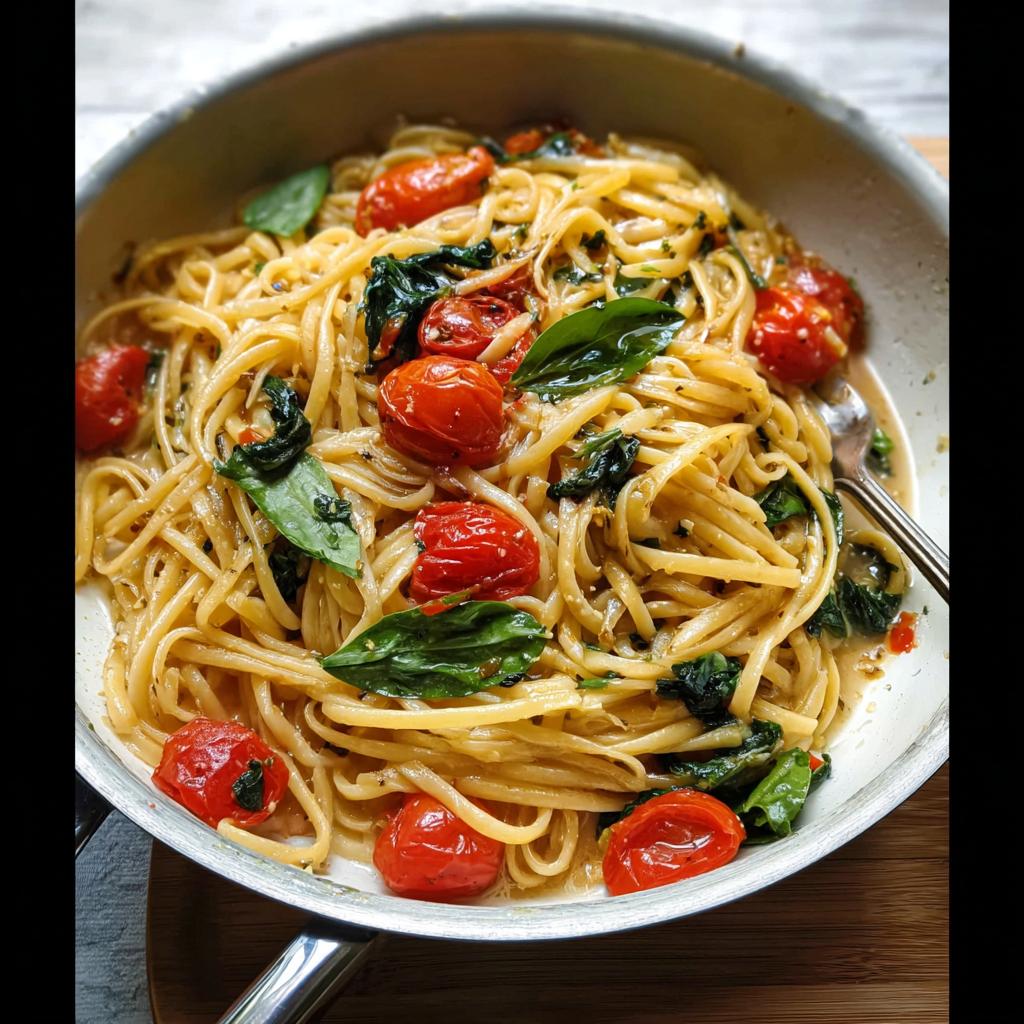 A close-up of linguine pasta with cherry tomatoes and fresh basil, perfect for easy dinner recipes meal prep.
