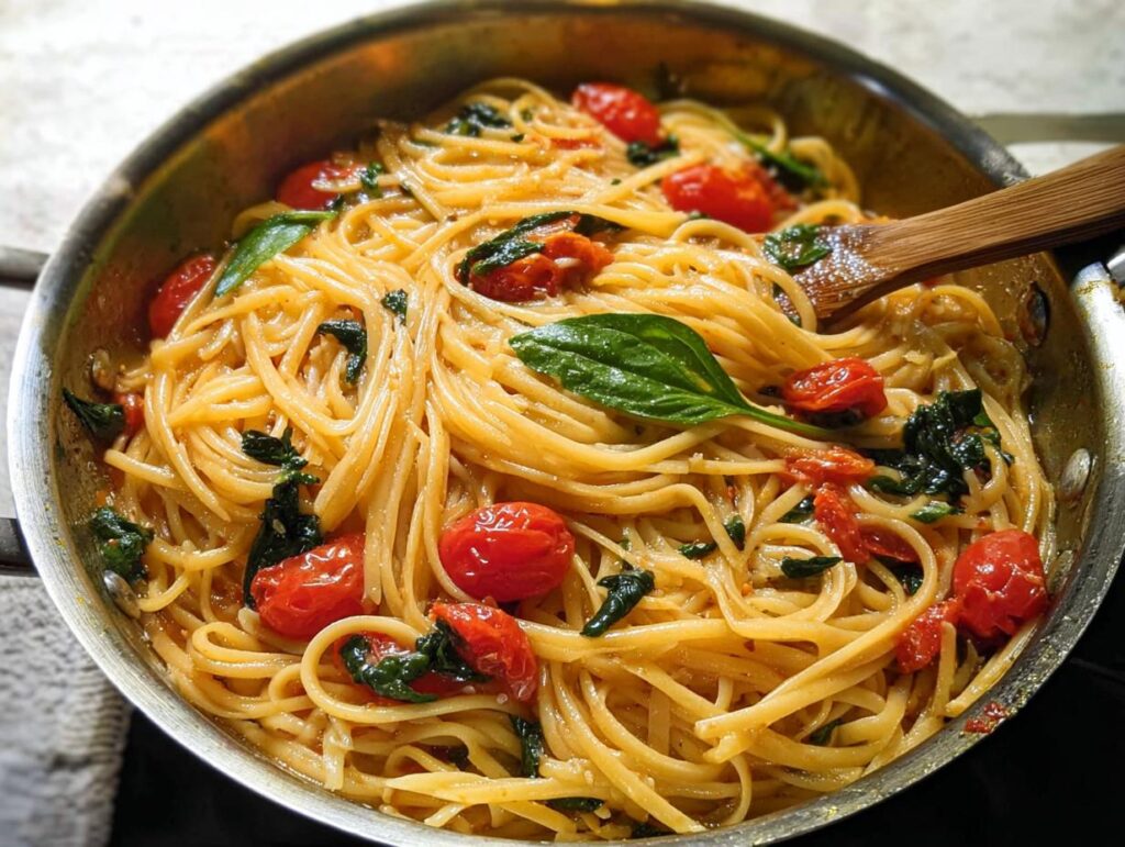 Close-up of a pan of spaghetti with cherry tomatoes and basil, perfect for easy dinner recipes meal prep.