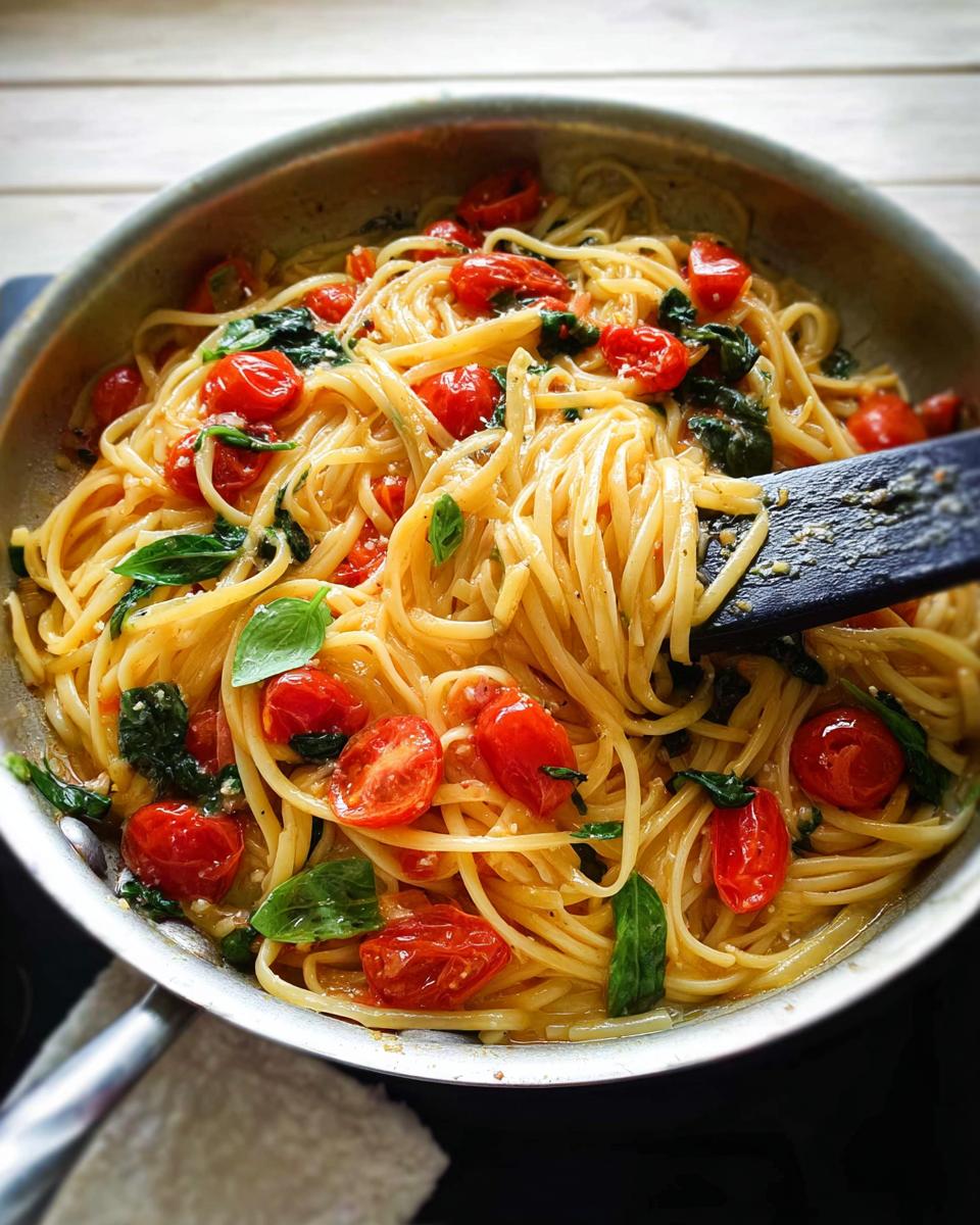 Close-up of a pan filled with spaghetti, cherry tomatoes, basil, and spinach, perfect for easy dinner recipes meal prep.