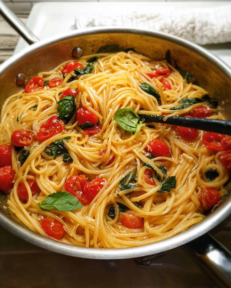 Close-up of spaghetti with cherry tomatoes and basil, perfect for easy dinner recipes meal prep.