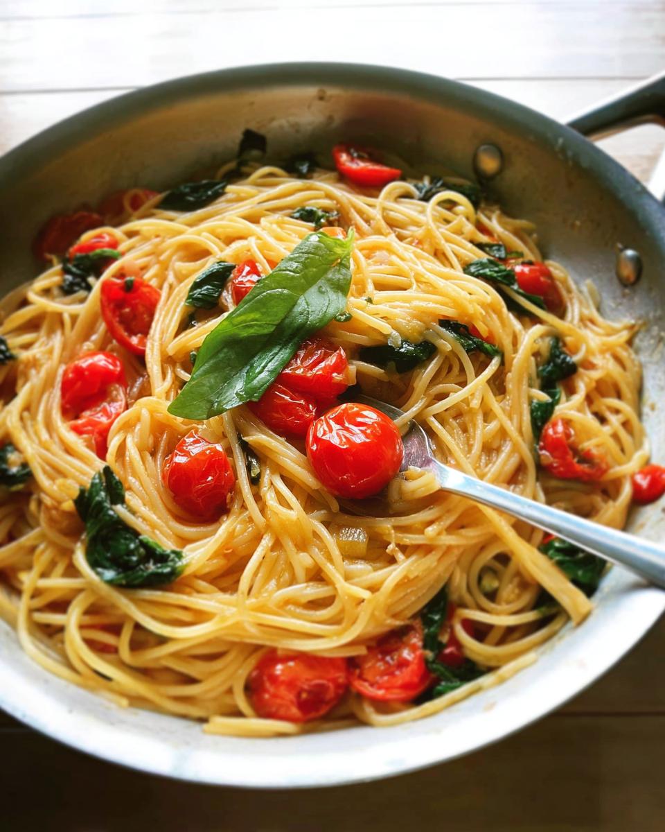 Close-up of spaghetti with cherry tomatoes and basil, perfect for easy dinner recipes meal prep.