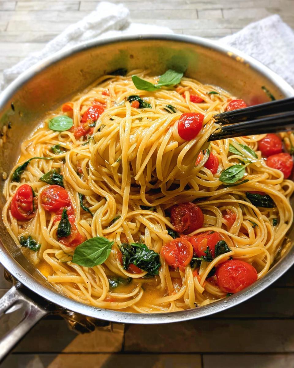 Close-up of linguine pasta with cherry tomatoes and basil in a pan, part of easy dinner recipes meal prep.