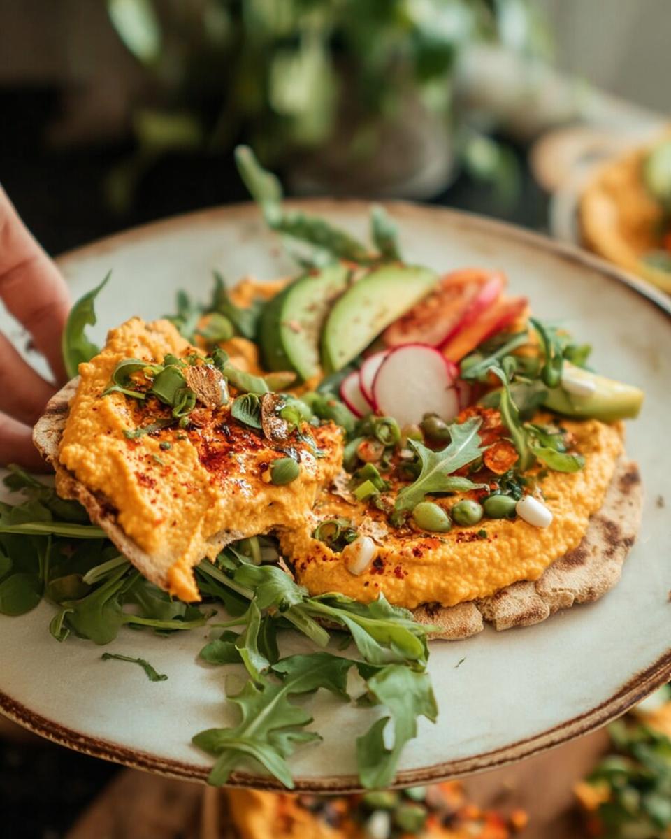 A vibrant and healthy hummus flatbread topped with avocado, radish, edamame, and greens, perfect for easy dinner recipes.
