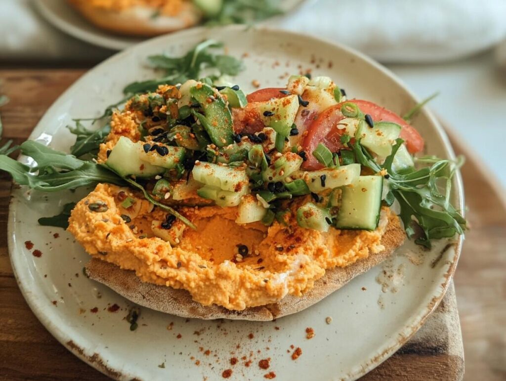 A close-up of a piece of toast topped with creamy hummus, fresh cucumber, tomato, and green onions, perfect for easy dinner recipes.