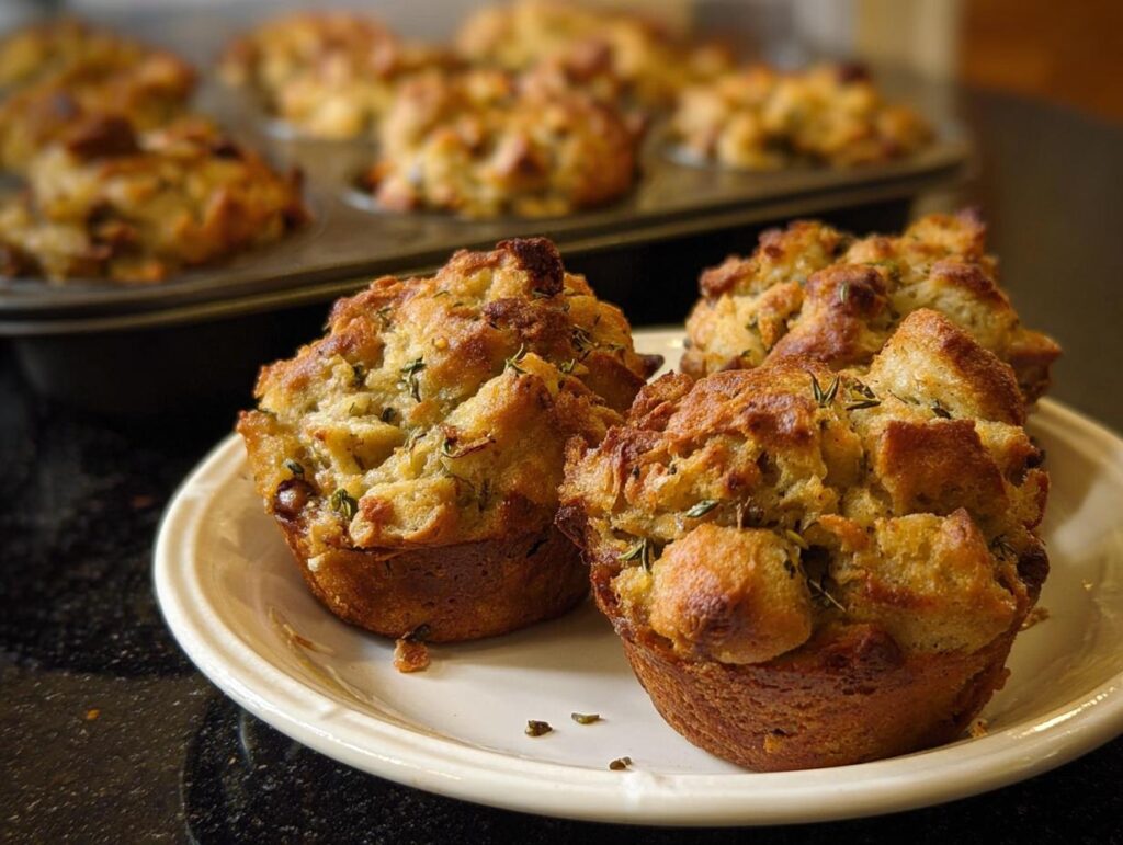 Golden brown stuffing muffins with herbs, baked in a muffin tin and served on a plate.