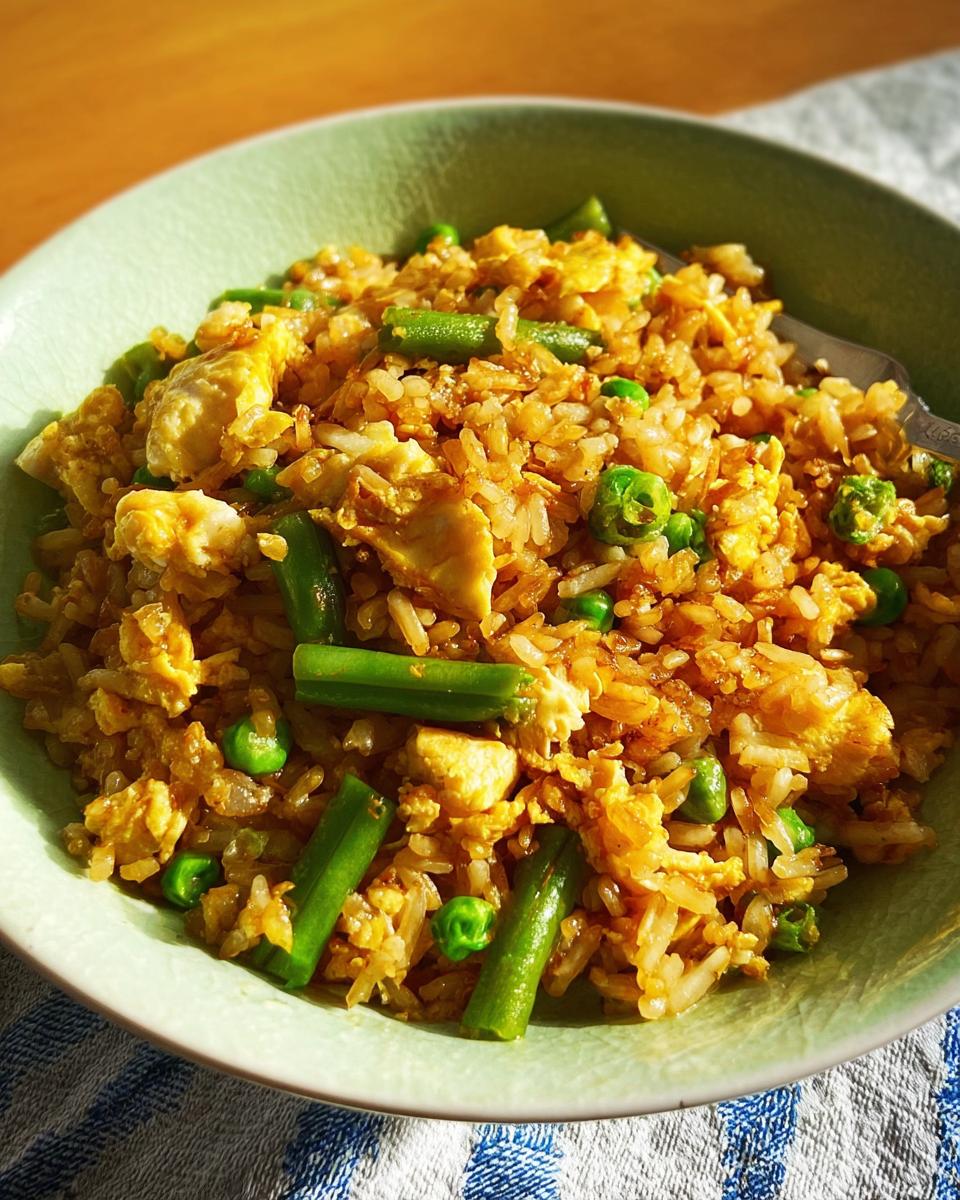A close-up of a bowl of egg fried rice with green beans and peas, a delicious 7-Ingredient Egg Recipe.