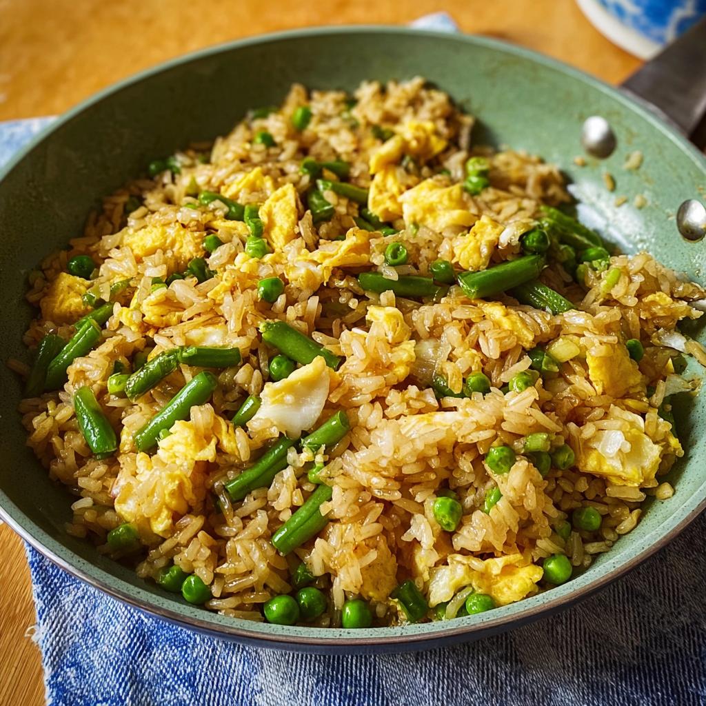 A close-up of a pan filled with egg fried rice, featuring scrambled eggs, peas, and green beans.