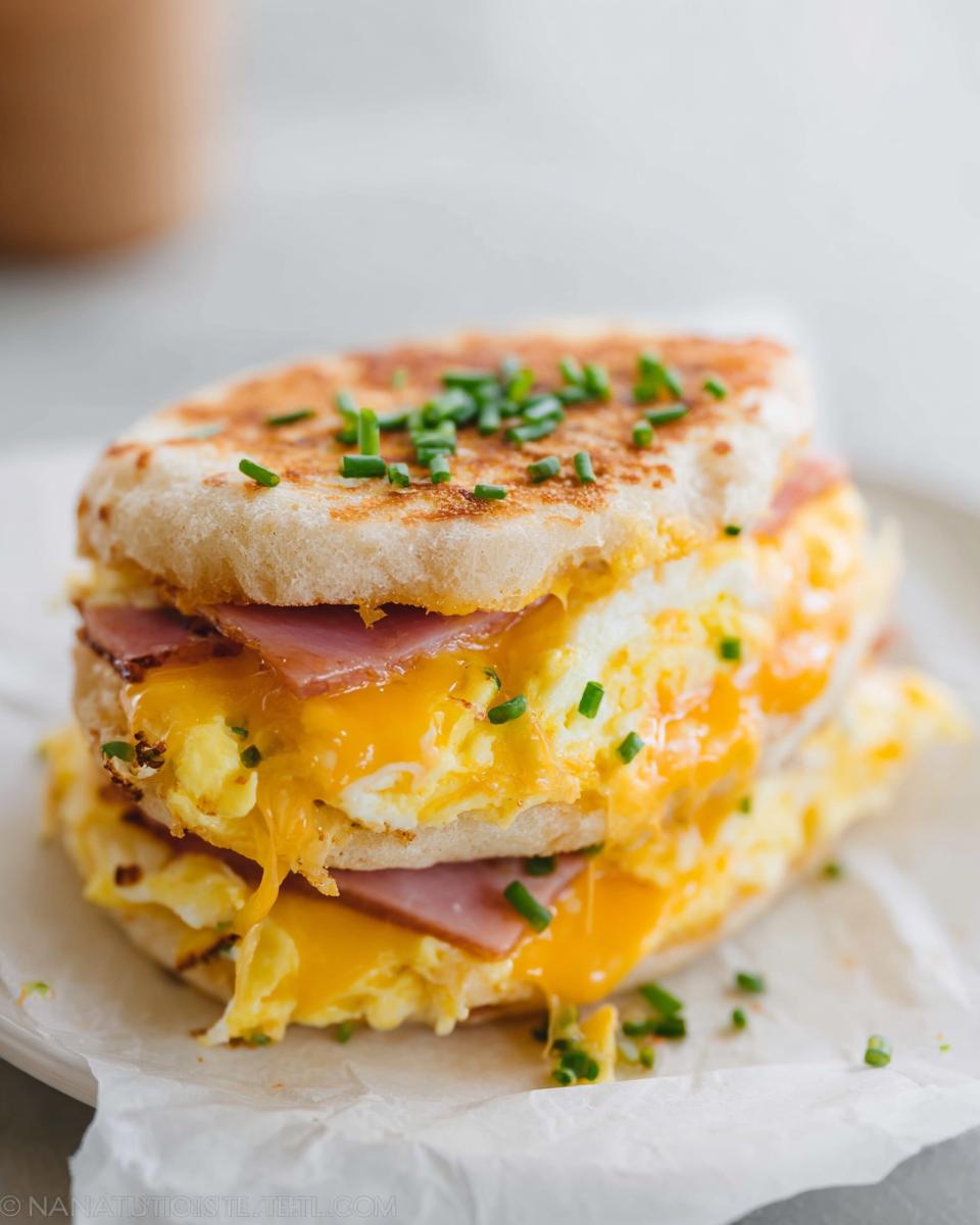 A close-up of a breakfast sandwich with scrambled eggs, ham, melted cheese, and chives on an English muffin.