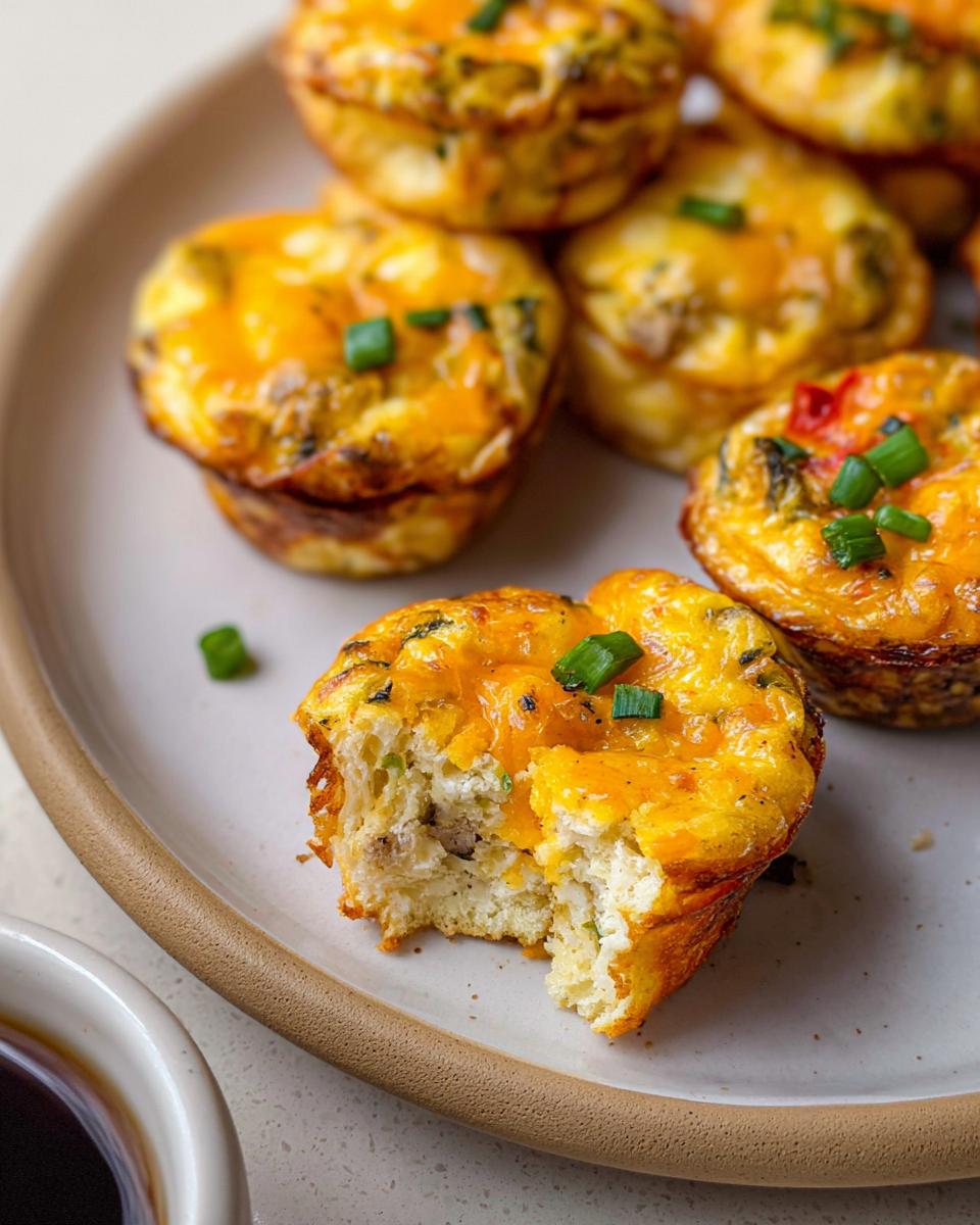 Close-up of savory egg muffins with melted cheese and green onions, perfect for egg recipes meal prep.