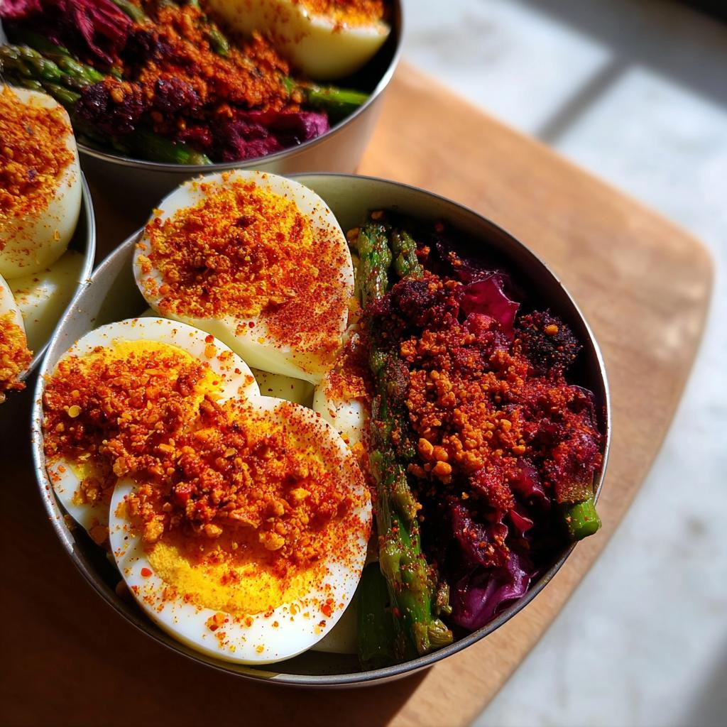 Close-up of hard-boiled eggs, asparagus, and beetroot salad, sprinkled with a red spice mix. Part of The Ultimate Egg Recipes Guide for Beginners.