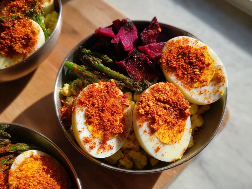Close-up of a healthy egg recipe bowl featuring halved hard-boiled eggs topped with spice, asparagus, and beets.