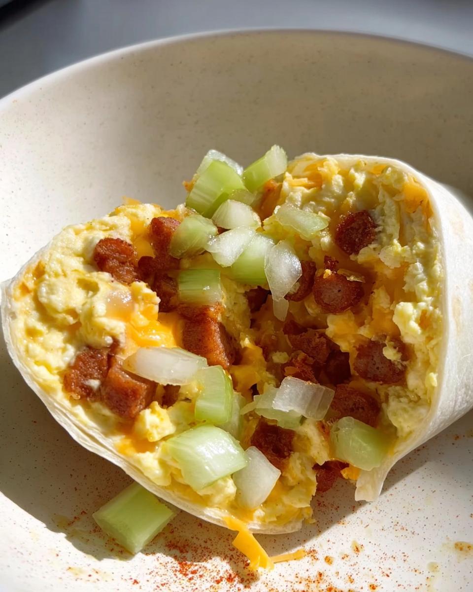 Close-up of a breakfast burrito filled with scrambled eggs, sausage, cheese, and celery. This is one of our favorite egg recipes.