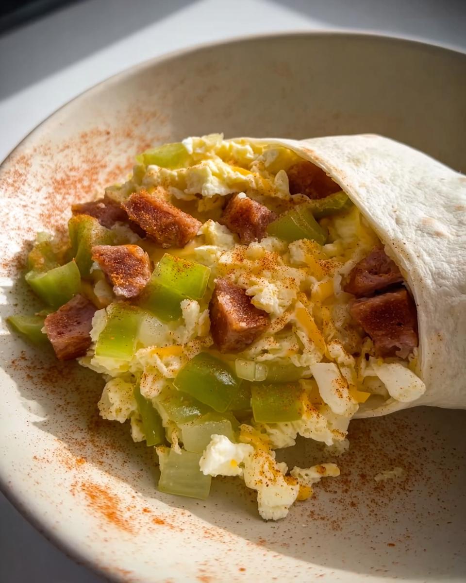 Close-up of a breakfast burrito filled with scrambled eggs, diced green peppers, sausage, and cheese, sprinkled with paprika.