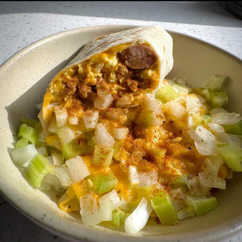 A hearty breakfast burrito filled with scrambled eggs, sausage, and cheese, served with chopped celery and a sprinkle of spices. A perfect egg recipe.