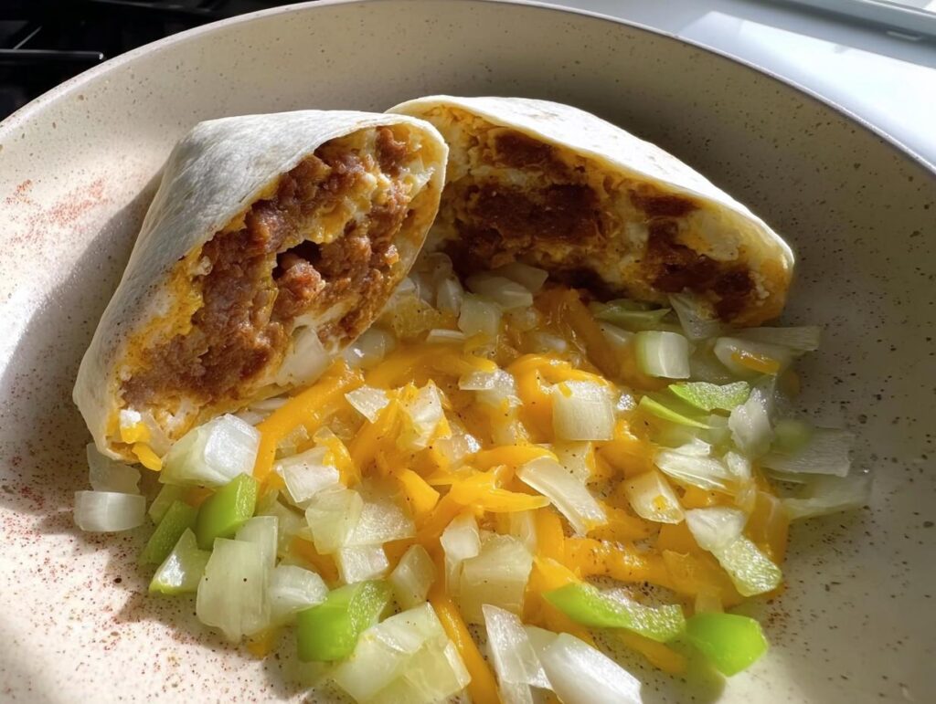 A breakfast burrito, cut in half, filled with scrambled eggs and savory meat, served with chopped onions, peppers, and melted cheese.