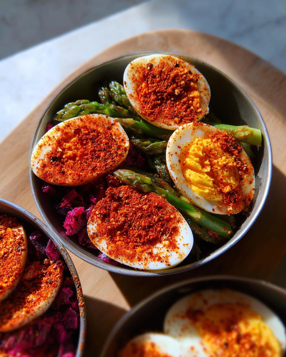 Close-up of a bowl filled with asparagus, beet salad, and halved boiled eggs sprinkled with paprika. Part of The Ultimate Egg Recipes Guide for Beginners.