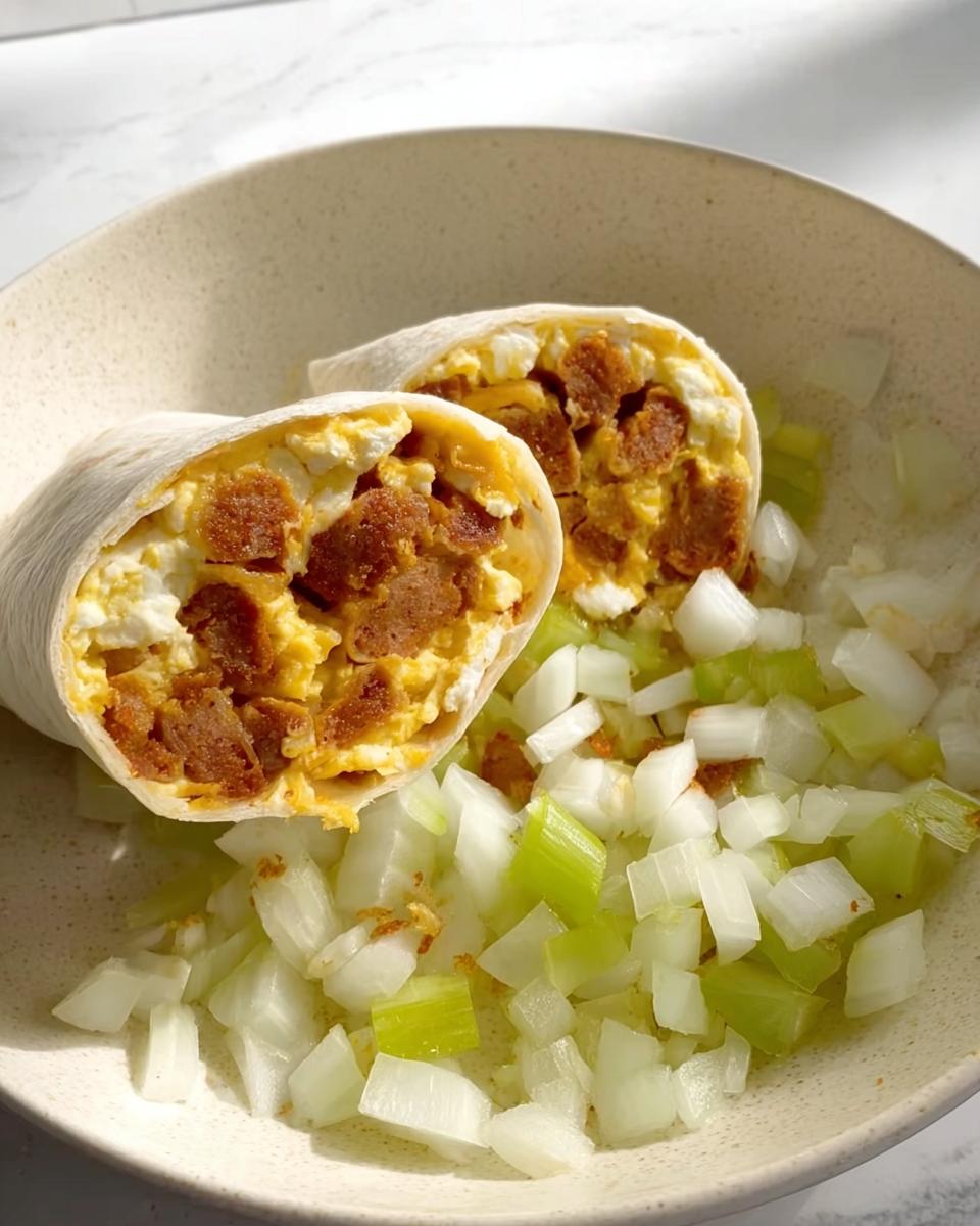 Two halves of a breakfast burrito filled with scrambled eggs and sausage, served with chopped celery.