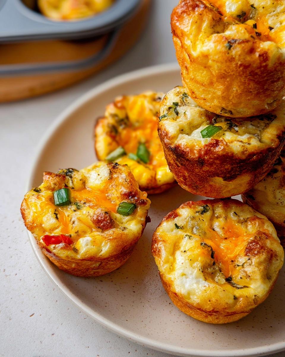 A plate of golden-brown egg muffins, perfect for meal prep, filled with cheese, vegetables, and herbs.