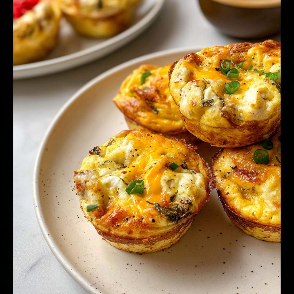 Close-up of fluffy egg muffins with melted cheese and green onions, perfect for egg recipes meal prep.