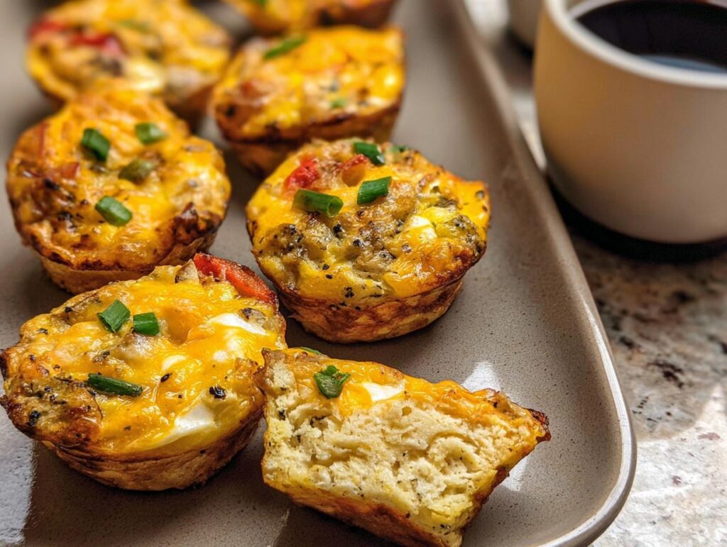 Close-up of savory egg muffins with cheese and green onions, perfect for egg recipes meal prep.