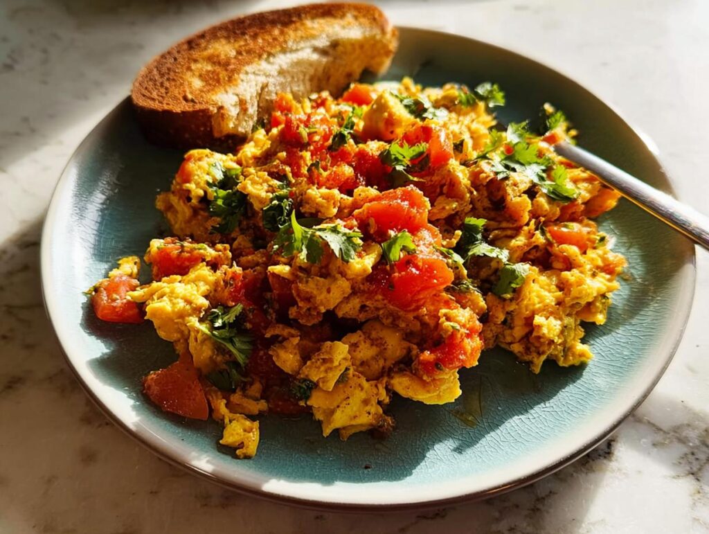 A close-up of scrambled eggs with diced tomatoes and fresh cilantro, served with a slice of toast. A perfect example of egg recipes in 10 minutes.