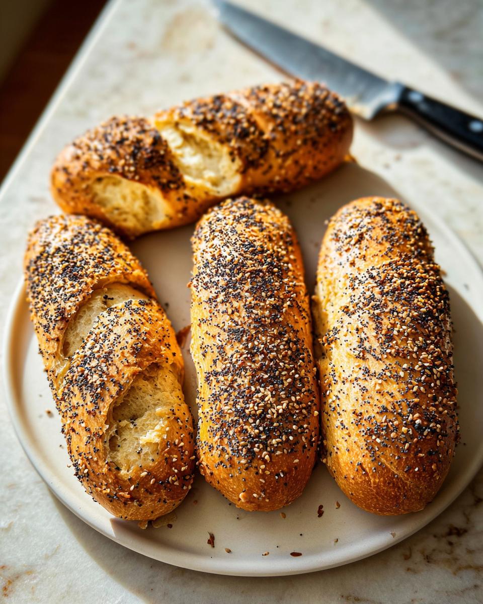 Four everything bagel bread rolls topped with poppy and sesame seeds, perfect for breakfast ideas.