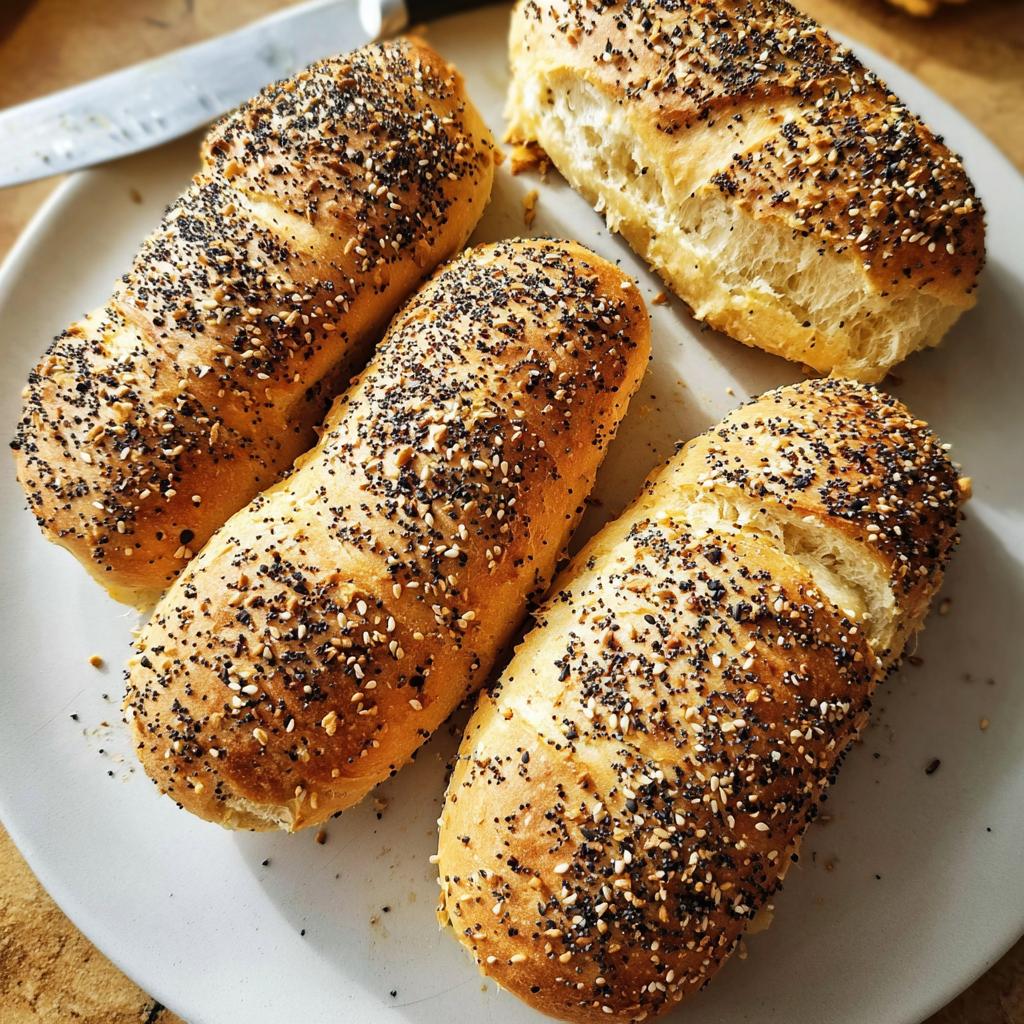 Four everything bagel breakfast rolls on a white plate, sprinkled with sesame seeds, poppy seeds, and other seasonings.