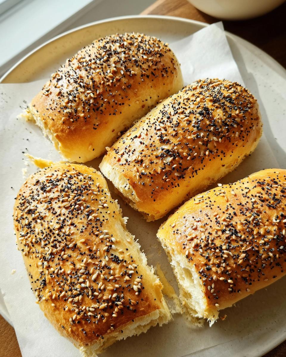 Four golden-brown buns topped with sesame and poppy seeds, perfect for breakfast ideas.