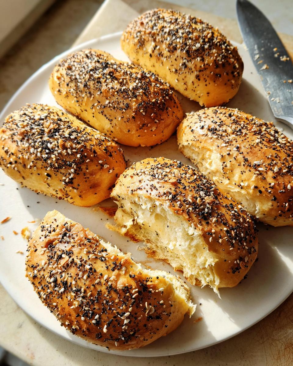 A plate of golden-brown everything bagel rolls, one split open to reveal a fluffy interior. Perfect for quick breakfast ideas.