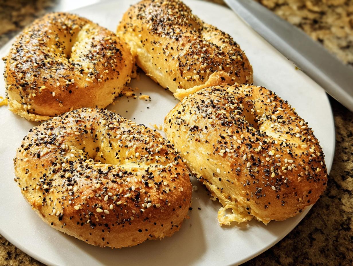 Four golden-brown everything bagels topped with sesame seeds, poppy seeds, and black pepper, perfect for busy weeknight breakfasts.