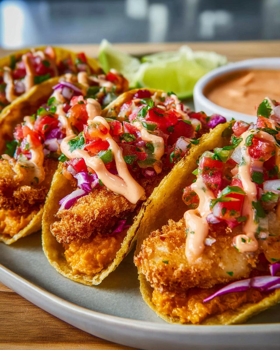 Close-up of crispy fish tacos topped with pico de gallo, crema, and red cabbage, perfect for Taco Tuesday.