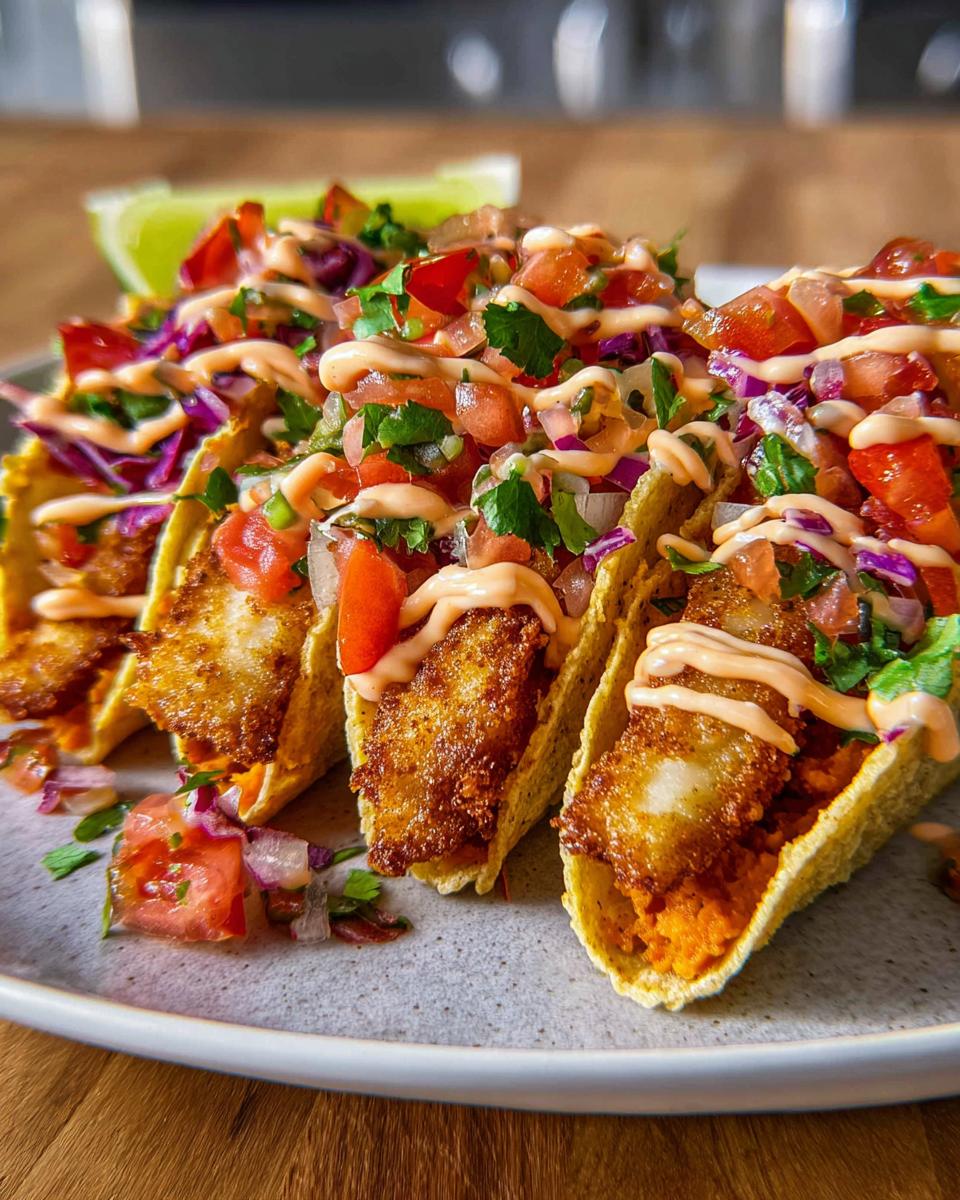 A close-up of three crispy fish tacos, generously topped with pico de gallo, shredded cabbage, and a creamy sauce, perfect for Taco Tuesday.