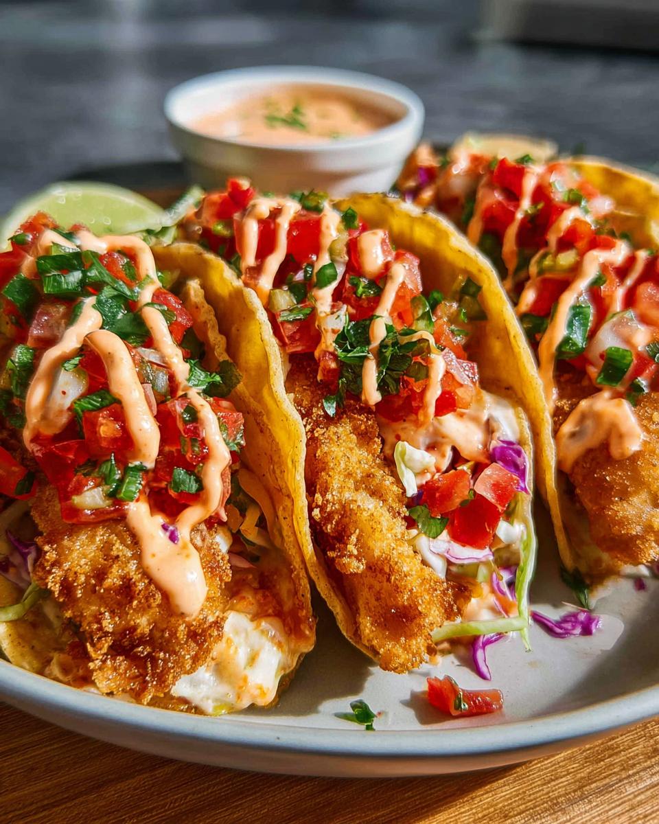 Three crispy fish tacos loaded with pico de gallo, shredded cabbage, and a creamy sauce, perfect for Taco Tuesday recipes.