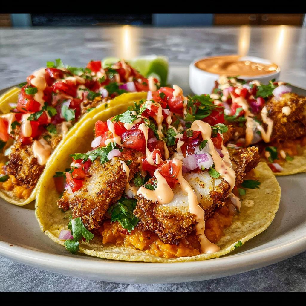 Three crispy fish tacos piled high with fresh salsa, cilantro, and a creamy sauce, perfect for Taco Tuesday.
