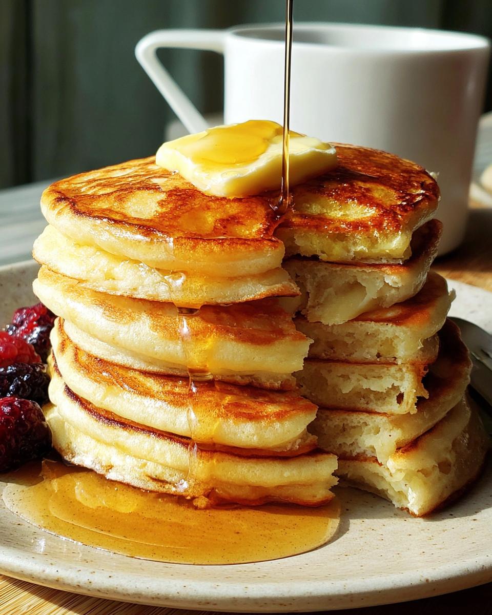 A tall stack of fluffy pancakes, drizzled with syrup and topped with butter, served with berries. A perfect breakfast idea.