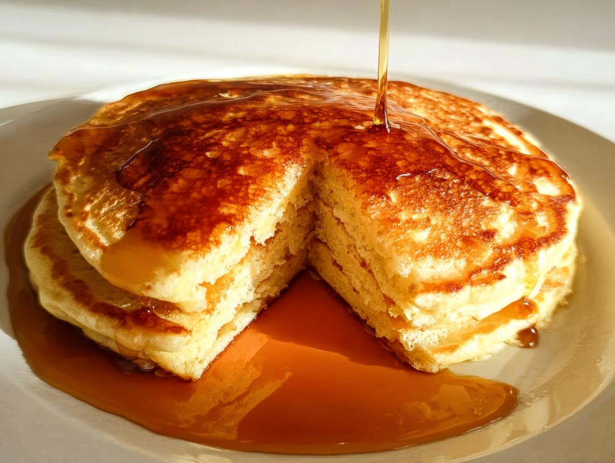 A stack of fluffy pancakes with syrup being poured on top, showcasing a perfect breakfast idea.