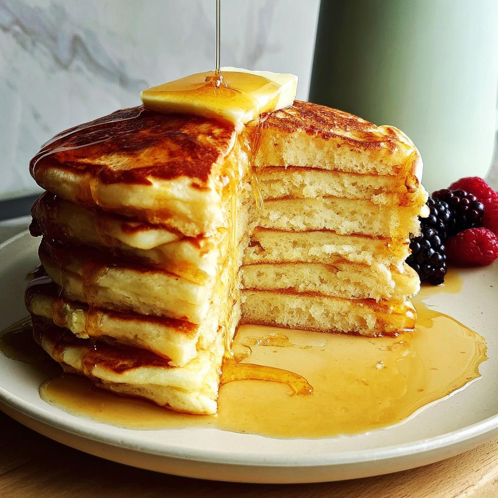 A stack of fluffy pancakes with butter and syrup being poured, served with berries. Part of The Ultimate Breakfast Ideas Recipes Guide for Beginners.