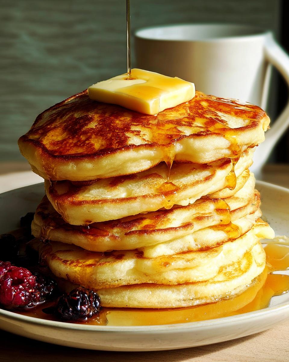 Stack of fluffy pancakes with butter and syrup being poured, served with berries. A perfect breakfast idea.