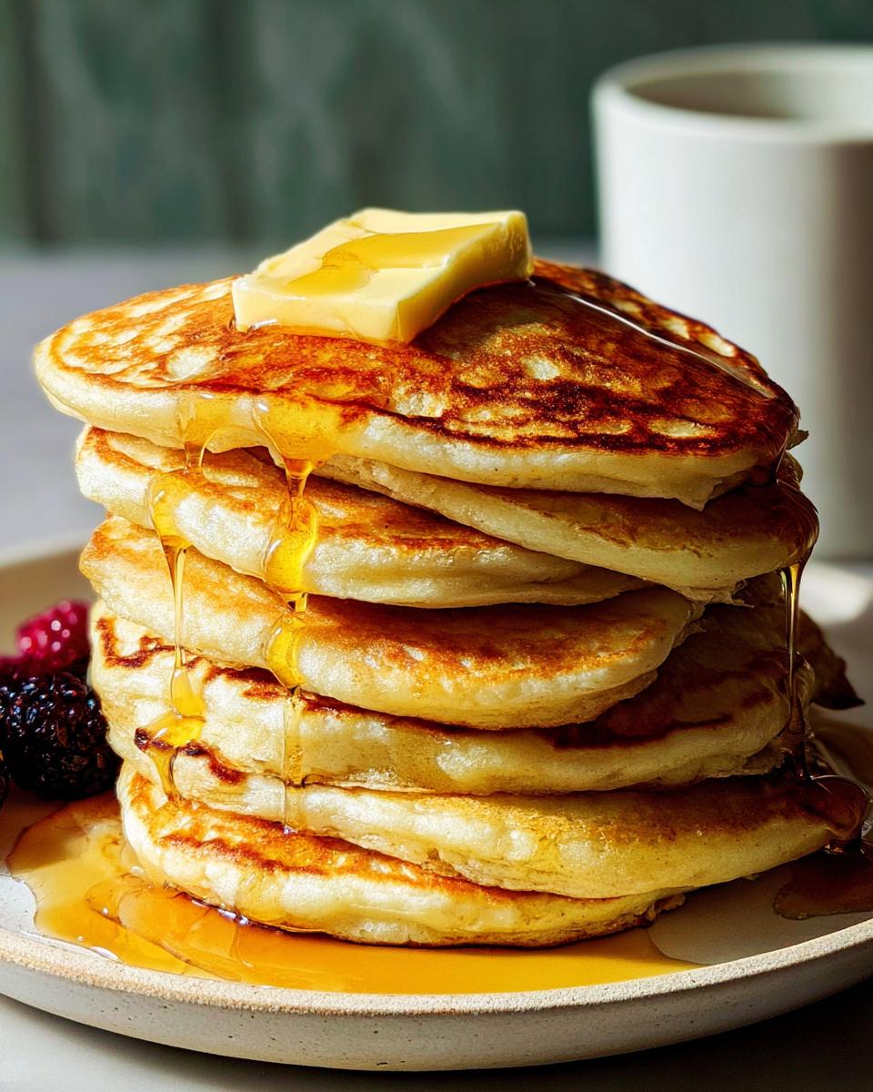 A stack of fluffy pancakes topped with a pat of butter and dripping with syrup, served with berries. A perfect breakfast idea.