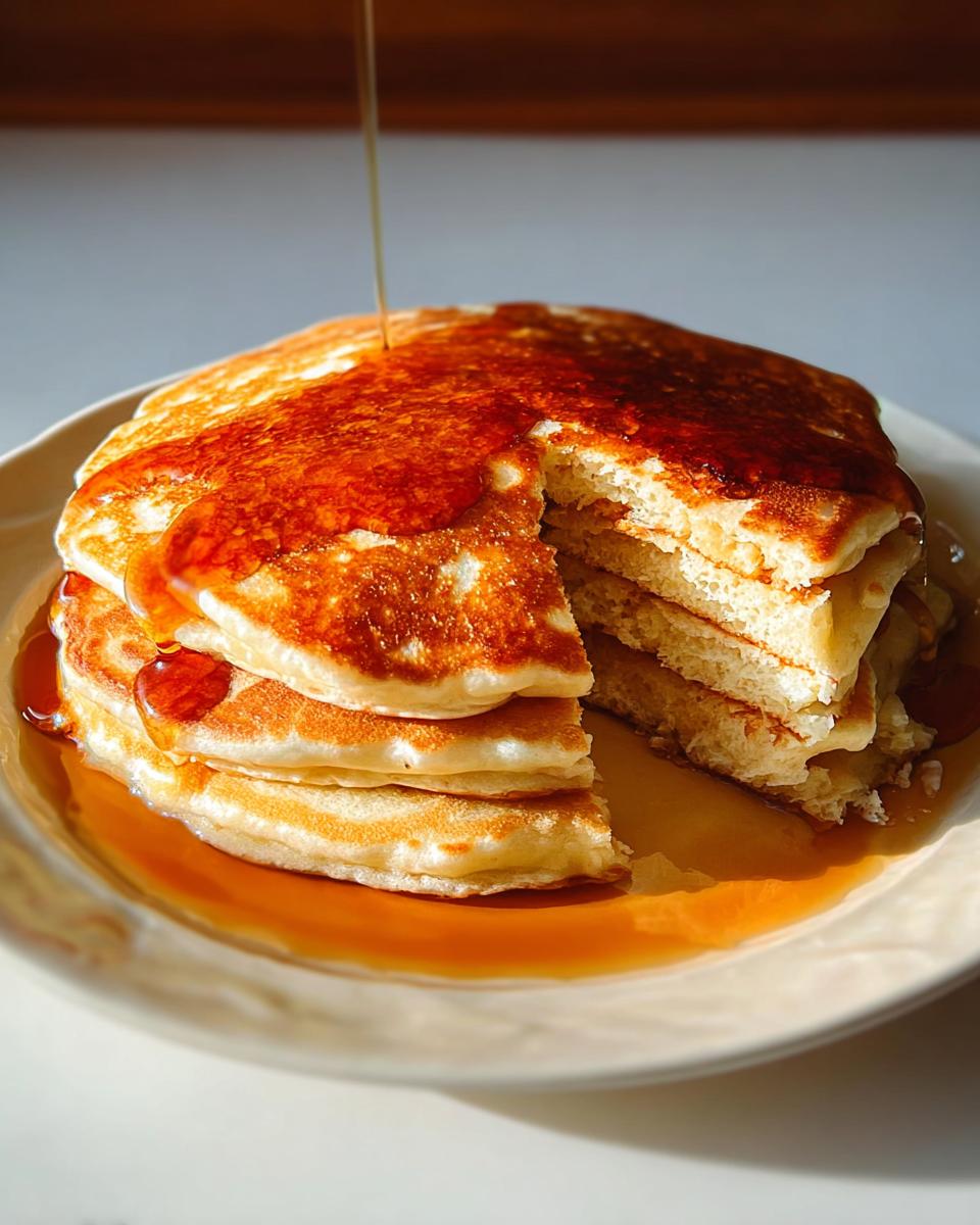 A stack of fluffy pancakes being drizzled with golden syrup, perfect for breakfast ideas recipes.
