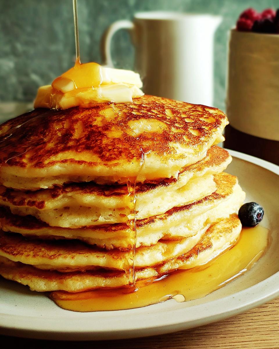 A stack of fluffy pancakes drizzled with maple syrup and topped with butter, a perfect breakfast idea for beginners.