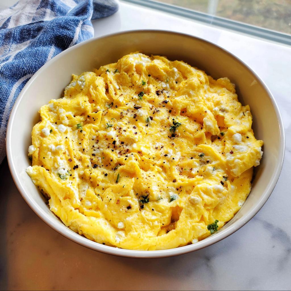 Fluffy scrambled eggs with feta cheese and herbs, seasoned with black pepper, part of The Only Egg Recipes Recipe You’ll Need (2025).