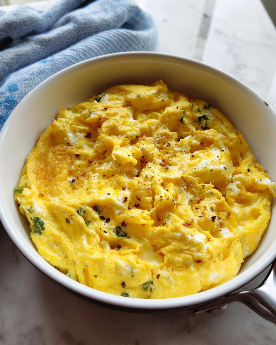 Close-up of fluffy scrambled eggs with herbs and spices in a white bowl, part of The Only Egg Recipes Recipe You’ll Need (2025).